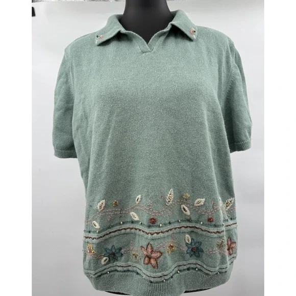 Alfred Dunner Sage Green Embroidered Floral Short Sleeve Polo Sweater XL - Picture 5 of 9